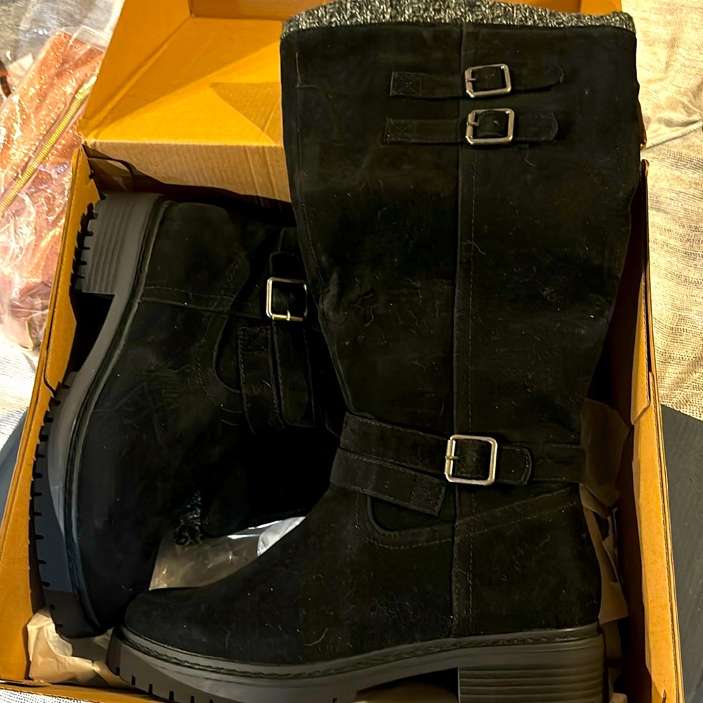 Black suede wide calf boots